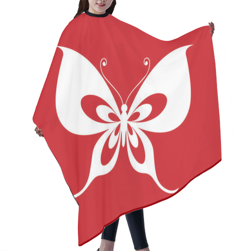 Personality  Butterfly Motif Or White Butterfly Isolated On Red Background.  Hair Cutting Cape