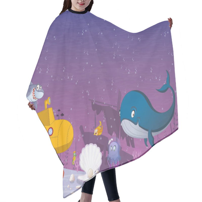 Personality  Cartoon Underwater World With Corals, Fish And Ocean Creatures. Hair Cutting Cape