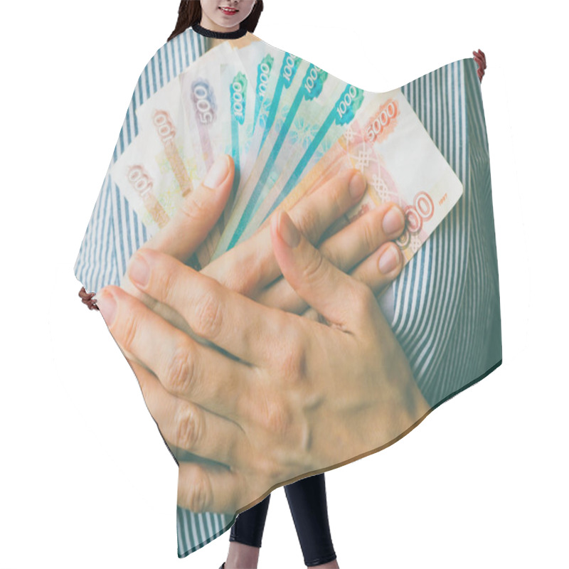 Personality  Russian Rubles In The Hands Of A Business Woman. Hair Cutting Cape