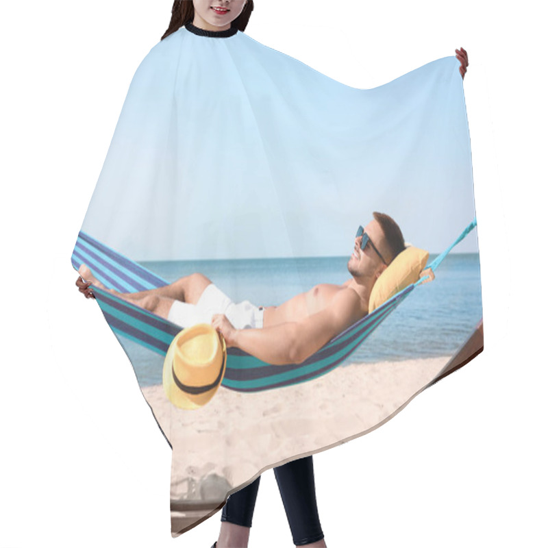 Personality  Young Man Relaxing In Hammock On Beach Hair Cutting Cape