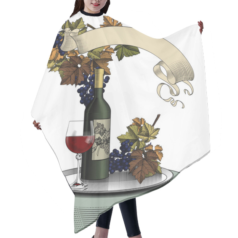 Personality  Bottle Of Wine, Glass, Grapes And Banner Hair Cutting Cape