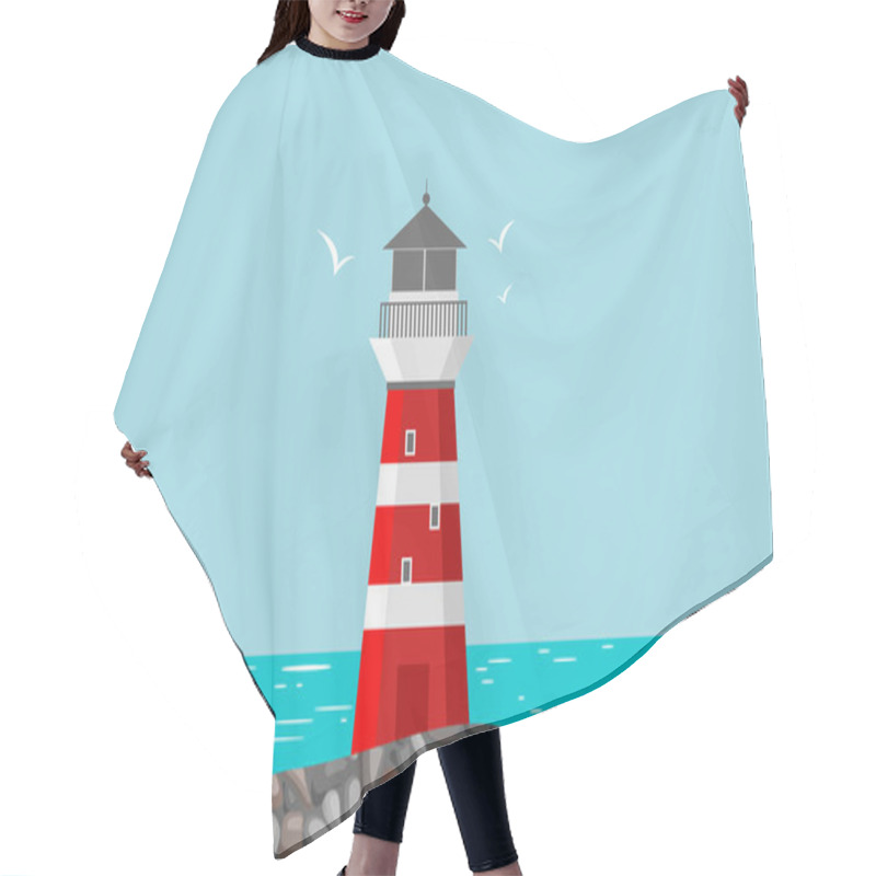 Personality  Lighthouse On The Beach With Seagulls And Ocean On Background. Vector Flat Illustration. Navigation Sea Tower Icon. Hair Cutting Cape