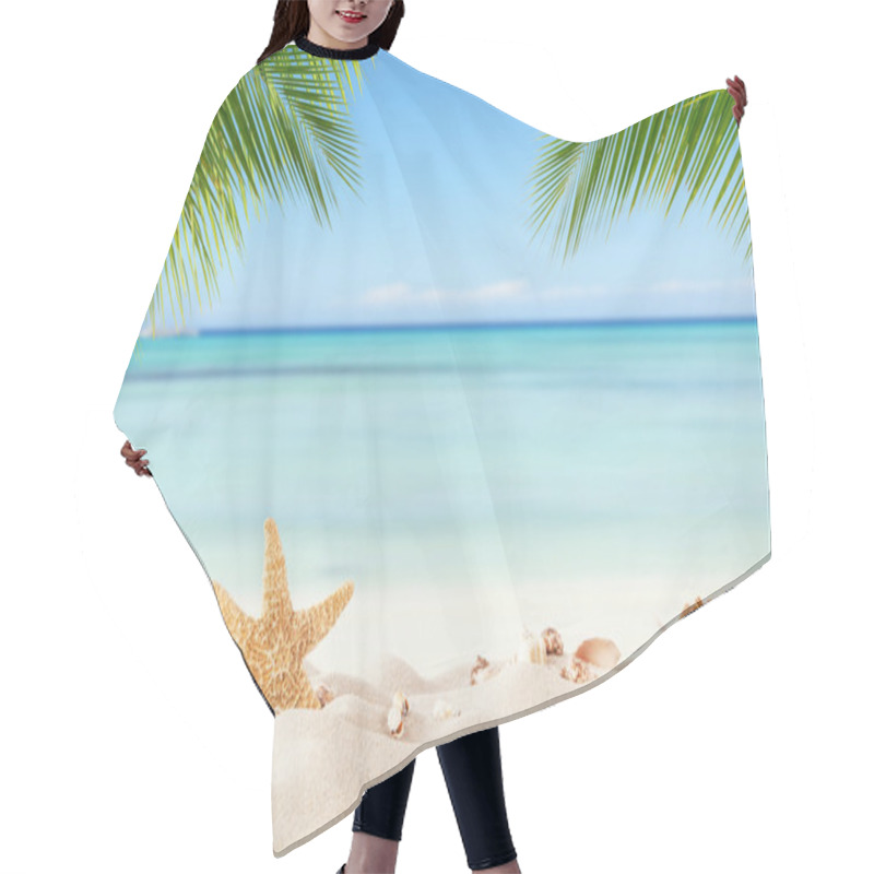 Personality  Summer Sandy Beach With Blur Ocean On Background Hair Cutting Cape