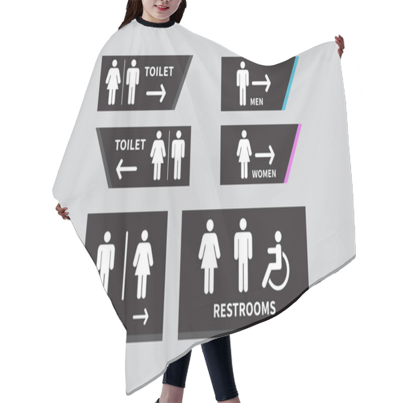 Personality  Set Toilet Signs. Men And Women Restroom Icon Sign Right Arrow. Disabled Wheelchair Icon. Vector Illustration Hair Cutting Cape