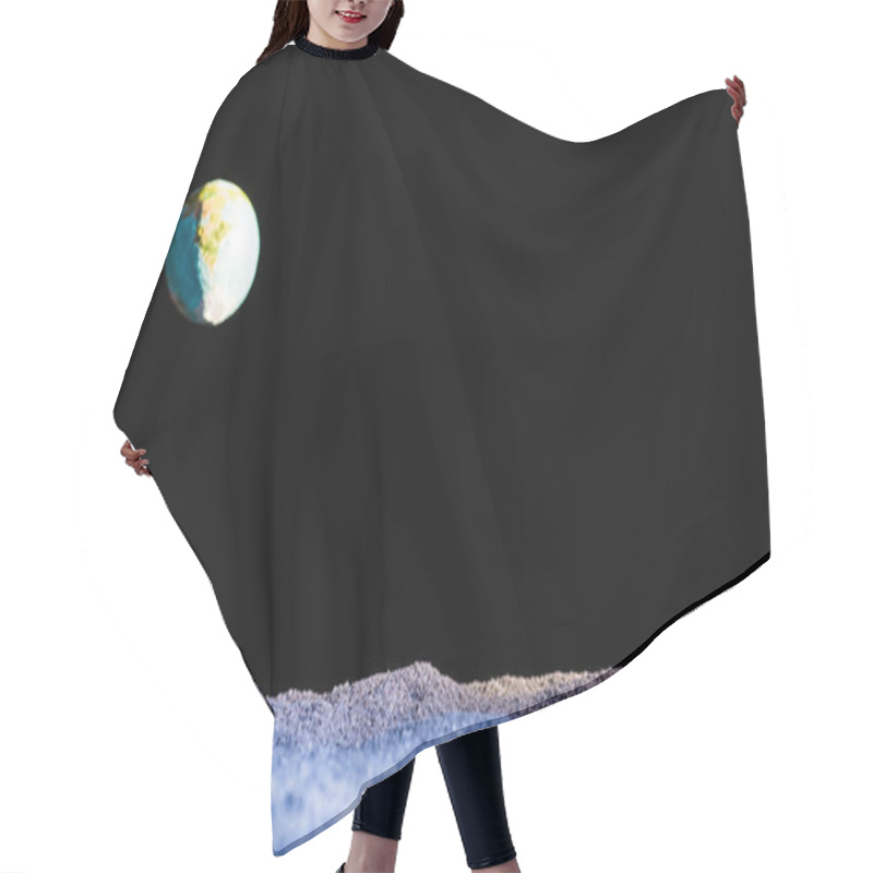 Personality  Sandy Ground With Blurred Planet Earth In Space Isolated On Black Hair Cutting Cape