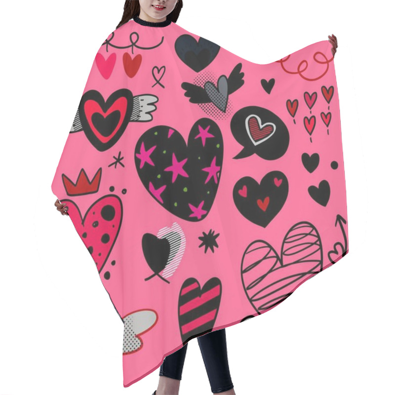 Personality  Playful Hand Drawn Love-themed Doodle Icons Featuring Hearts, Arrows, And Whimsical Designs, Isolated On A Pink Background For Romantic And Fun Designs Hair Cutting Cape