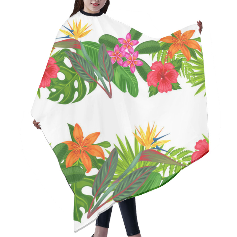 Personality  Seamless Horizontal Borders With Tropical Plants, Leaves And Flowers. Background Made Without Clipping Mask. Easy To Use For Backdrop, Textile, Wrapping Paper. Hair Cutting Cape