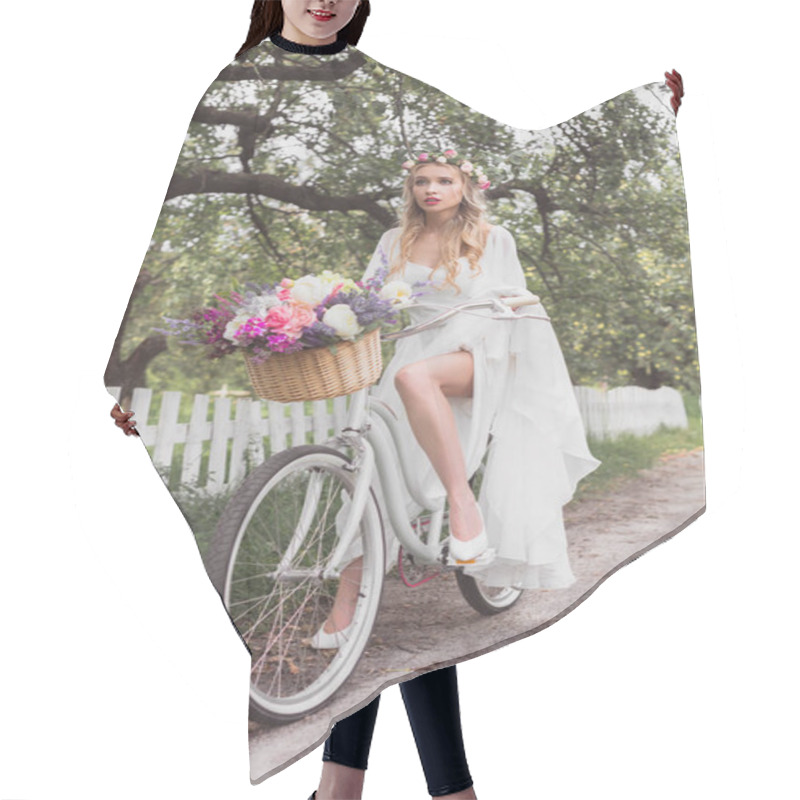 Personality  Beautiful Young Blonde Bride Riding Bicycle With Flower Basket  Hair Cutting Cape