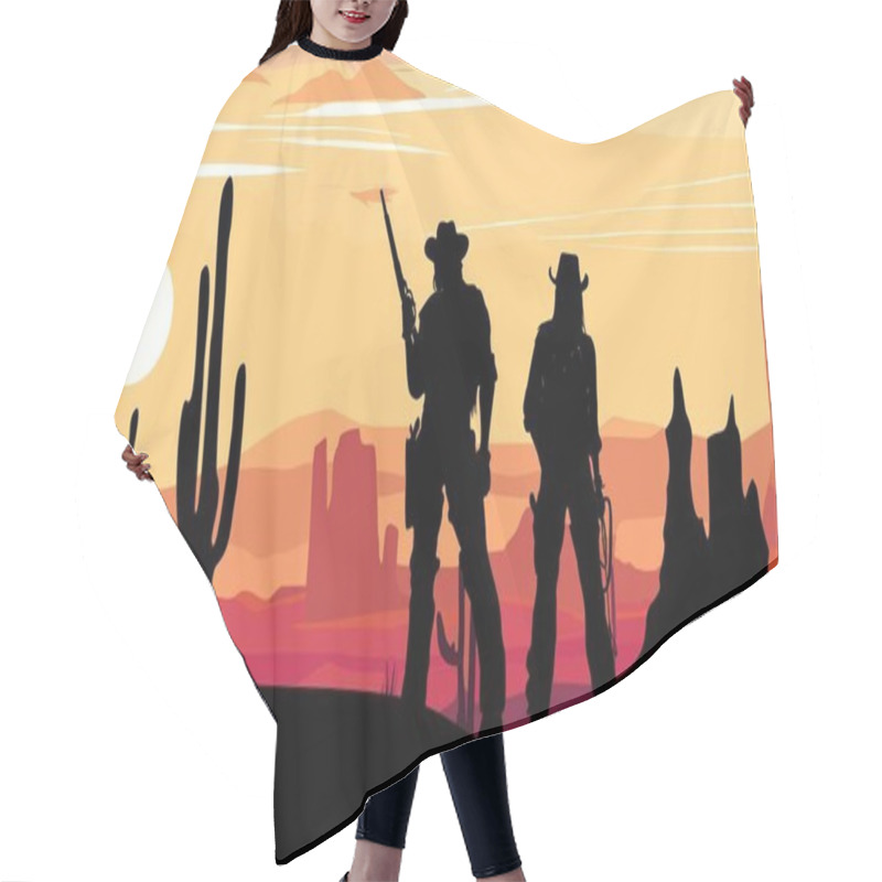 Personality  Two Cowboys Standing With Gun And Lasso Silhouettes Against Desert Sunset Landscape Scene Background. Cowboy And Cowgirl Vector Art Illustration. Texas Western Wild West Desert Banner. Hair Cutting Cape