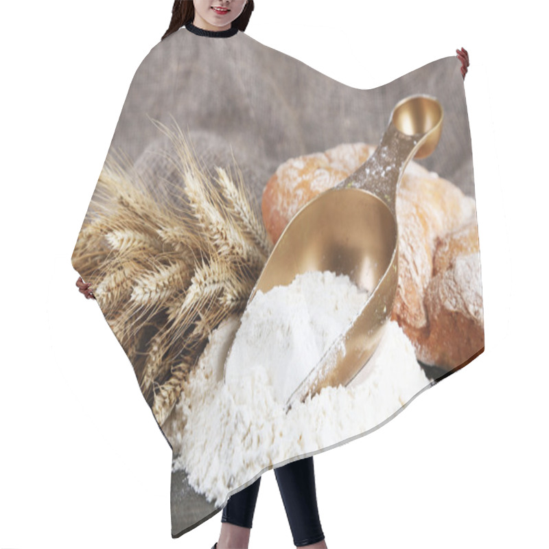 Personality  The Wholemeal Flour In Scoop On Wooden Table On Sackcloth Background Hair Cutting Cape