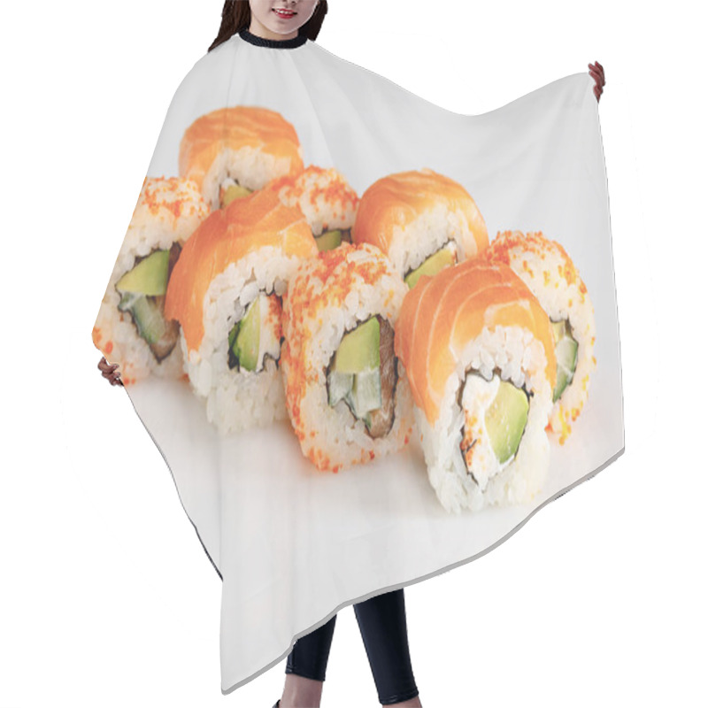 Personality  Delicious Philadelphia And California Sushi With Salmon And Masago Caviar On White Background Hair Cutting Cape