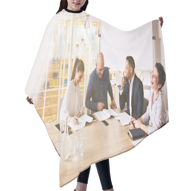 Personality  Business Professionals Laughing During Meeting Hair Cutting Cape