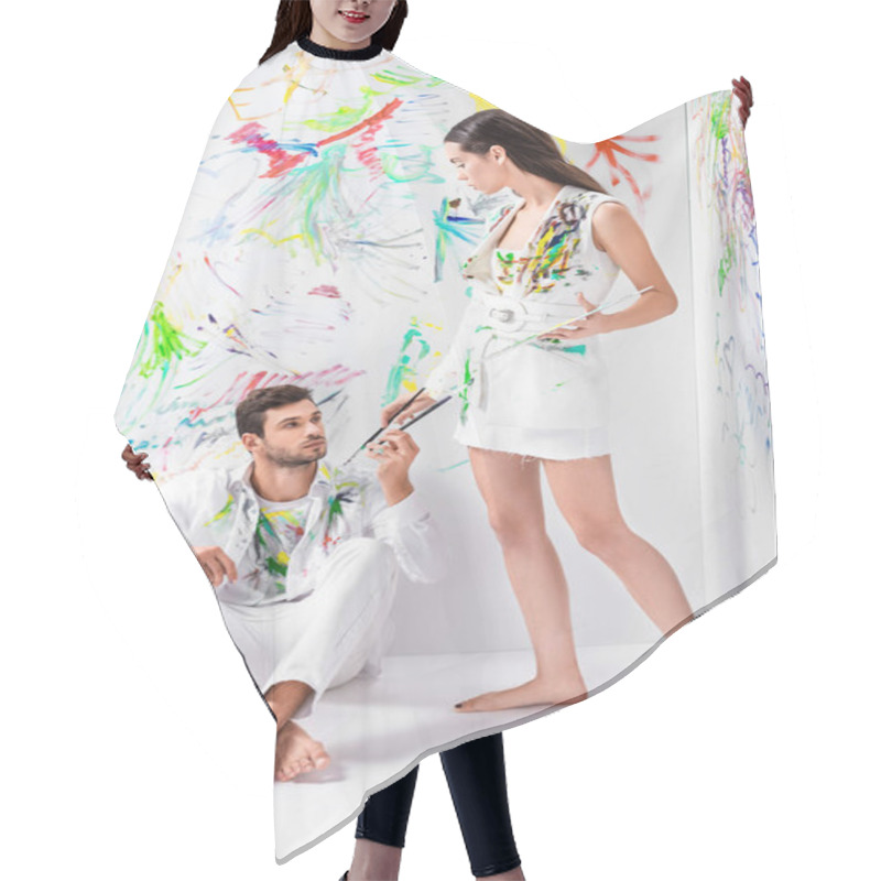 Personality  Couple In Painted White Clothes With Drawing Equipment Hair Cutting Cape