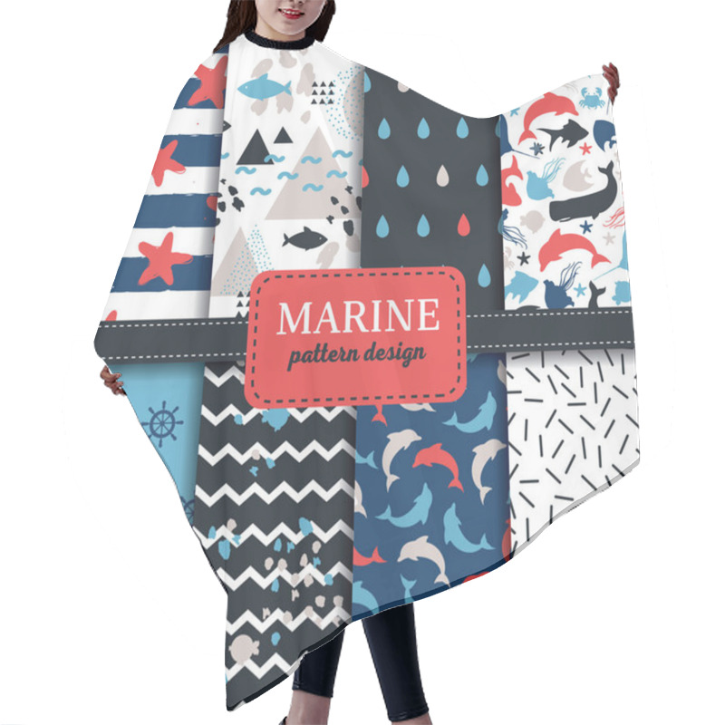 Personality  Marine Vector Patterns With Anchors, Fish, Crabs And Waves Hair Cutting Cape