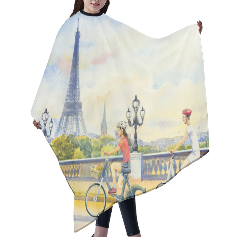 Personality  Paintings Landmark Paris European City Landscape. France Eiffel Tower And Couple Young Man, Woman Cycling On The Street.  Watercolor Painting Illustration Holiday Travel With Valentine Day. Hair Cutting Cape