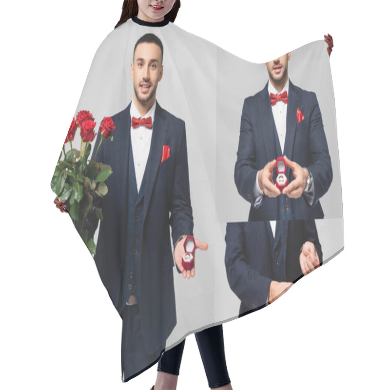 Personality  Collage Of Hispanic Man In Elegant Suit Holding Red Roses And Jewelry Box, And Putting Gift Into Shopping Bag Isolated On Grey Hair Cutting Cape