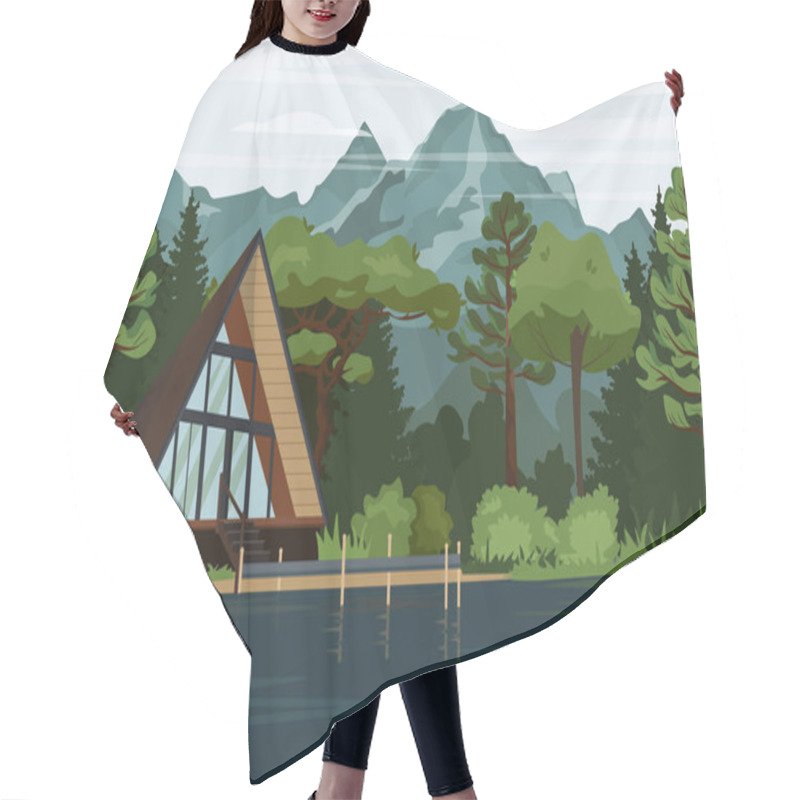 Personality  Modern House In The Woods With Mountain Views. Traditional Swiss Chalet In The Highlands Of The National Park. Lonely House In A Forest Landscape In Flat Design For A Banner, Brochures, Advertising Hair Cutting Cape