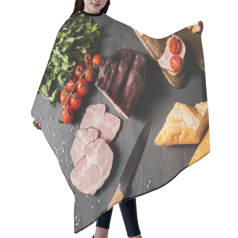 Personality  Top View Of Tasty Ham Sliced Ham, Cherry Tomatoes, Parsley, Salt, Knife And Baguette On Wooden Grey Table With Canape Hair Cutting Cape