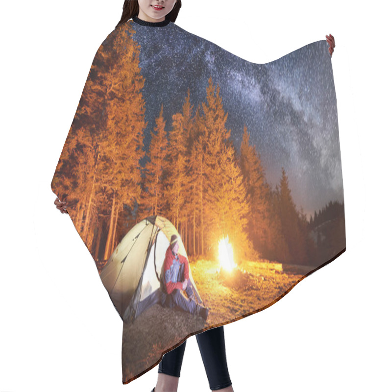 Personality  Man Sitting Near Campfire And Tent Hair Cutting Cape