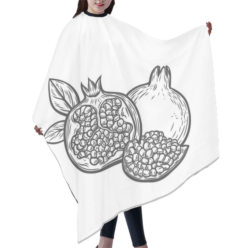 Personality  Engraving With A Pomegranate Fruit, A Half And A Piece. Pomegranate Fruit In Line Drawing Style. Hair Cutting Cape