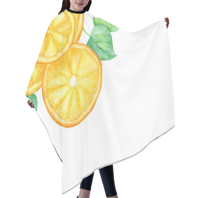 Personality  Slice Of Orange Fruit And Green Leaves On White Background With Space For Text, Hand Drawn Watercolor. Hair Cutting Cape