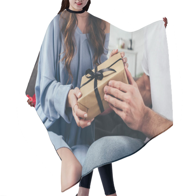 Personality  Partial View Of Young Happy Couple Holding Gift Box With Ribbon Hair Cutting Cape