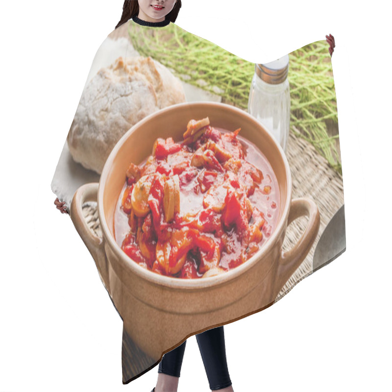 Personality  Lecho - Stew With Peppers, Onions And Sausages. Hair Cutting Cape