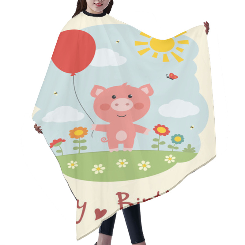 Personality  Greeting Card With Cute Funny Cartoon Character Of Pig With Red Balloon On Flower Meadow At Sunny Day And Text Happy Birthday Hair Cutting Cape