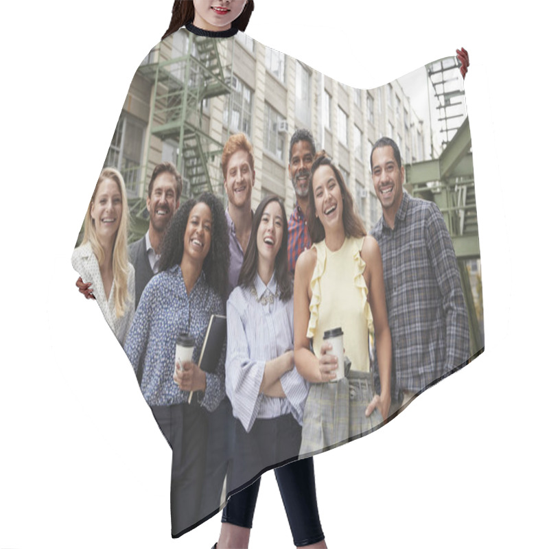 Personality  Friendly Coworkers Laugh To Camera Outside Their Workplace Hair Cutting Cape