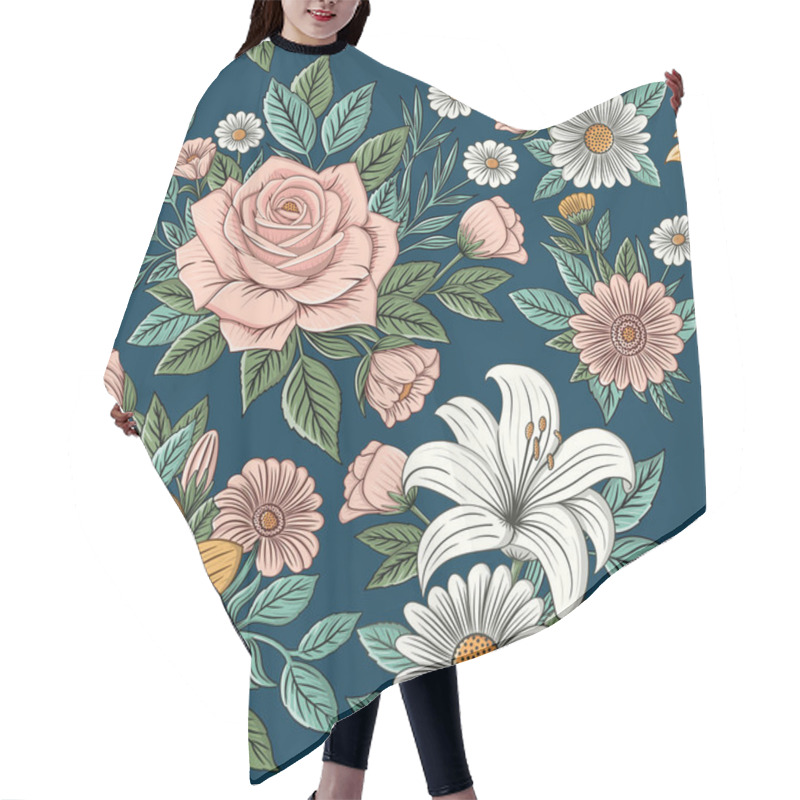 Personality  Rose, Hibiscus And Daisy Seamless Pattern With Green Leaves. Hand Drawn Floral Print. Hair Cutting Cape