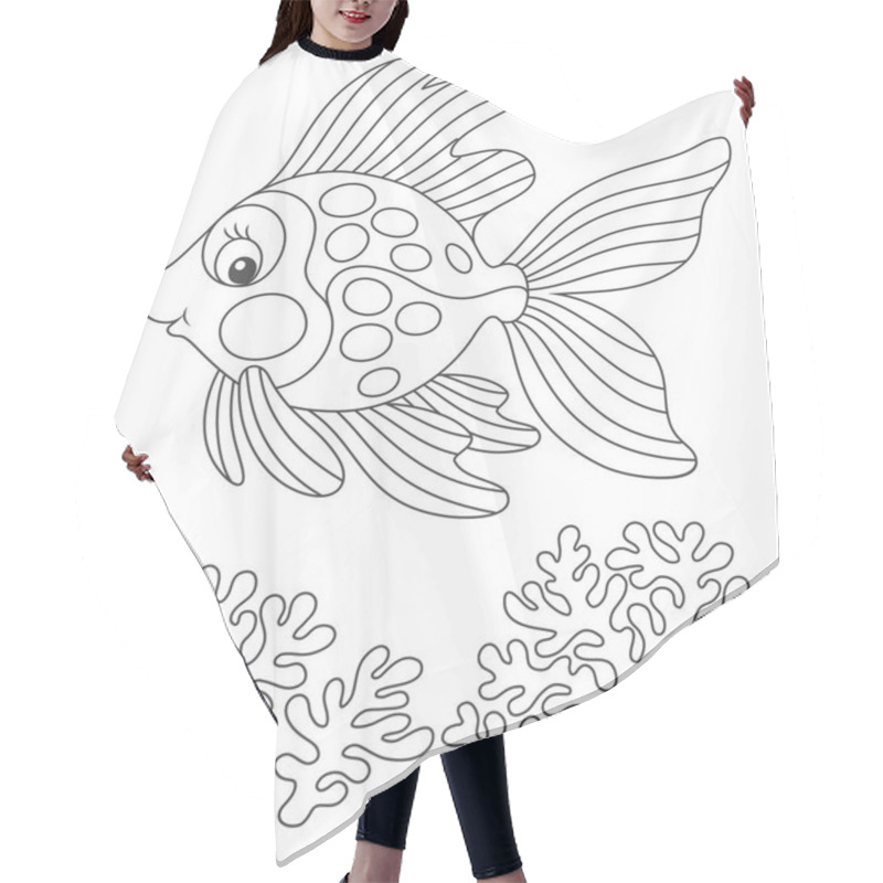 Personality  Tropical Gold Fish Friendly Smiling And Swimming Over Corals, A Black And White Vector Illustration In A Funny Cartoon Style For A Coloring Book Hair Cutting Cape