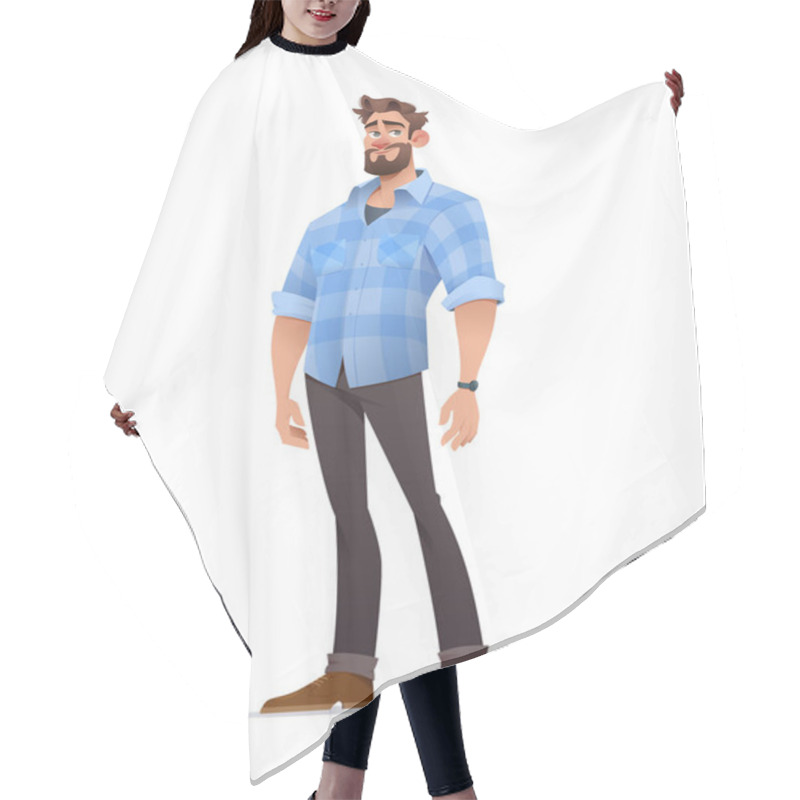 Personality  Handsome Man With Beard Standing In A Relaxed Posture And Smiling. He Wear A Blue Checkered Shirt, Dark Pants And Brown Shoes. Cartoon Character. Casual Outfit. Flat Vector Illustration Hair Cutting Cape