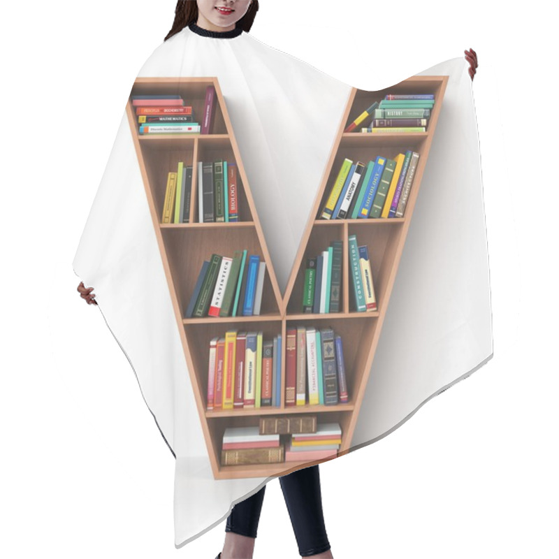 Personality  Letter V. Alphabet In The Form Of Shelves With Books Isolated On Hair Cutting Cape