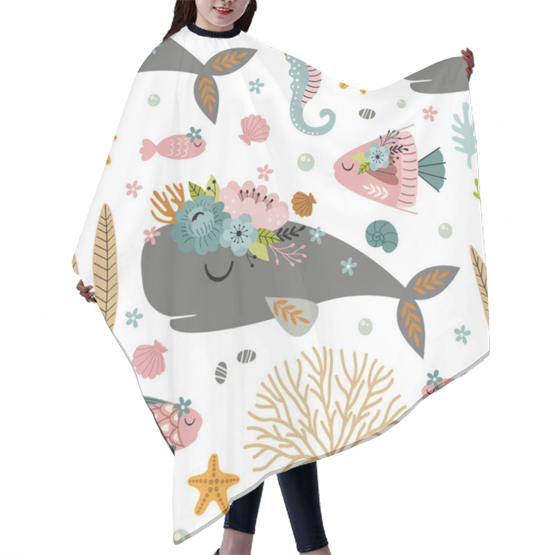 Personality  Seamless Pattern With Sperm Whale,sea Horse And Fish Hair Cutting Cape