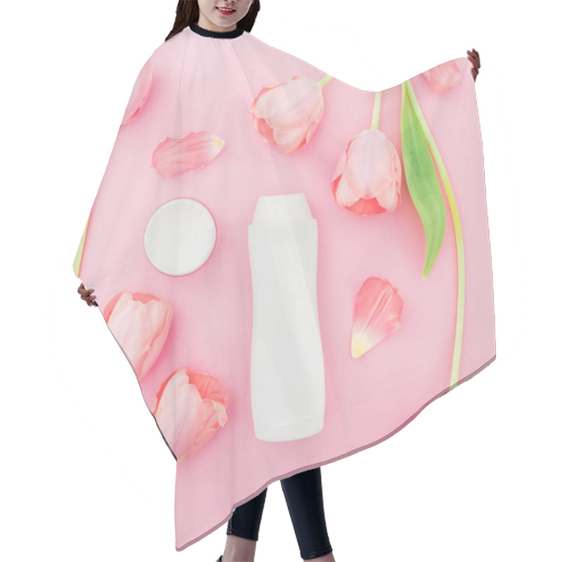 Personality  Tulips With Petals, Green Leaves On Stalks And Opened Shampoo Bottle On Pink Background Hair Cutting Cape