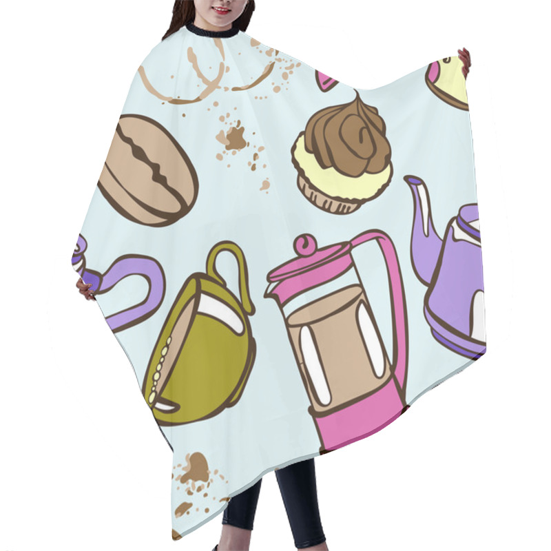 Personality  Coffee. Coffee Theme. Desserts. Vector Seamless Illustration With The Image Of Coffee, Coffee Pots, Coffee Cups, Cake, Coffee Beans And Coffee Stains. Bright Picture. Hot Invigorating Drink. Hair Cutting Cape