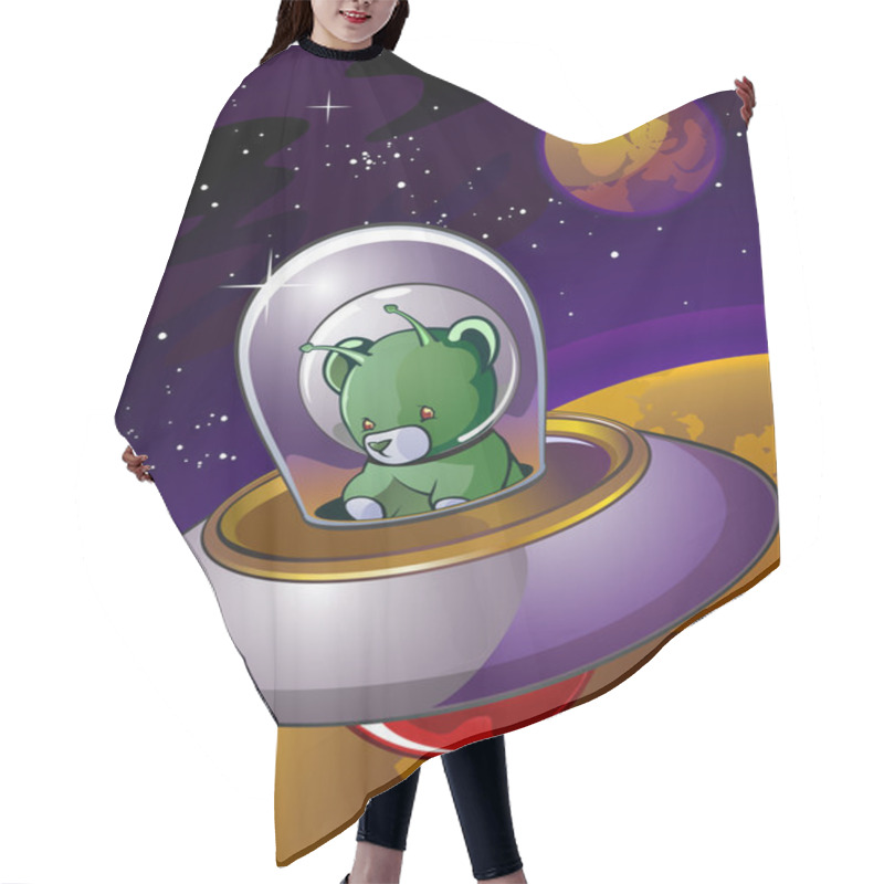 Personality  Alien Teddy Bear Cartoon Character In A Flying Saucer Hair Cutting Cape