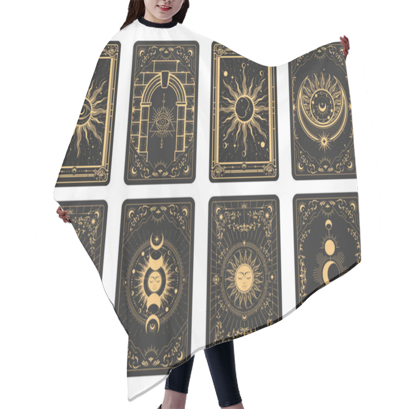 Personality  Tarot Cards Batch Reverse Side, Magic Frame With Esoteric Patterns And Mystic Symbols, Sun And Moon Sorcery, Vector Hair Cutting Cape