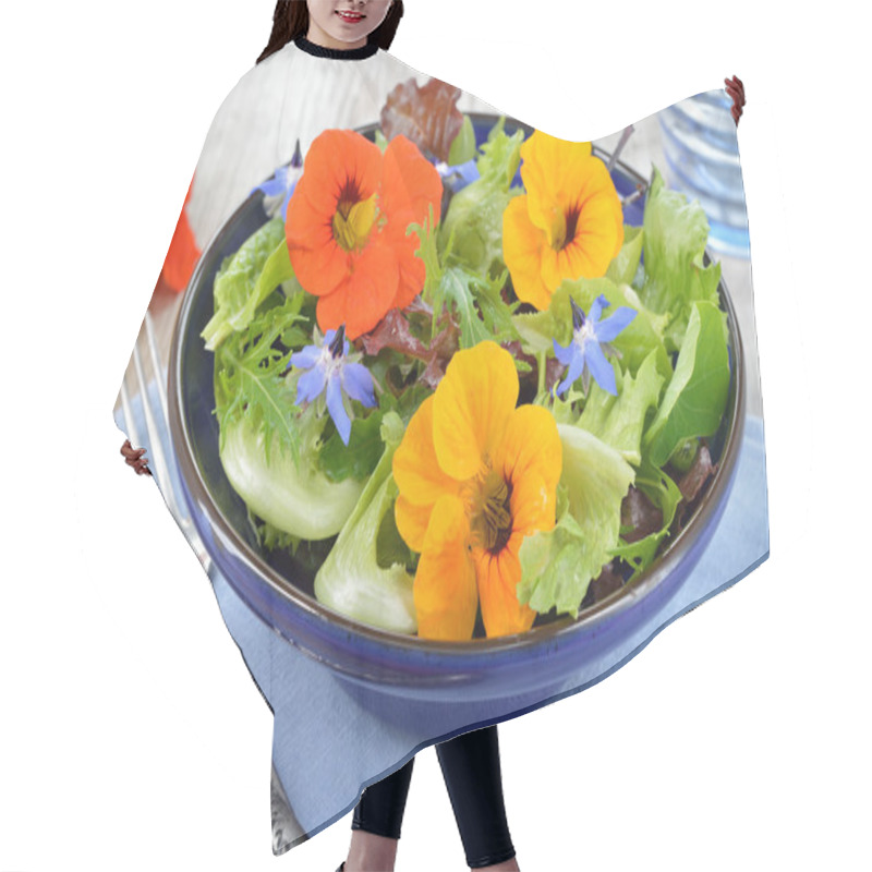 Personality  Salad With Edible Flowers Nasturtium, Borage. Hair Cutting Cape