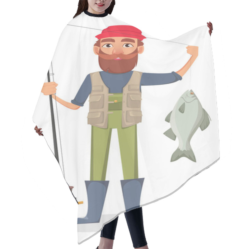 Personality  Fisher Cartoon Character. Fishermen Holding Fishing Rod With Caught Fish. Vector Illustration On White Background Hair Cutting Cape