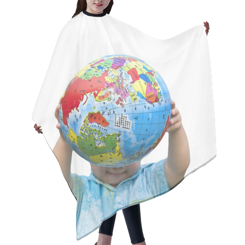 Personality  Boy Holding The Earth Model With Isolated Background Hair Cutting Cape