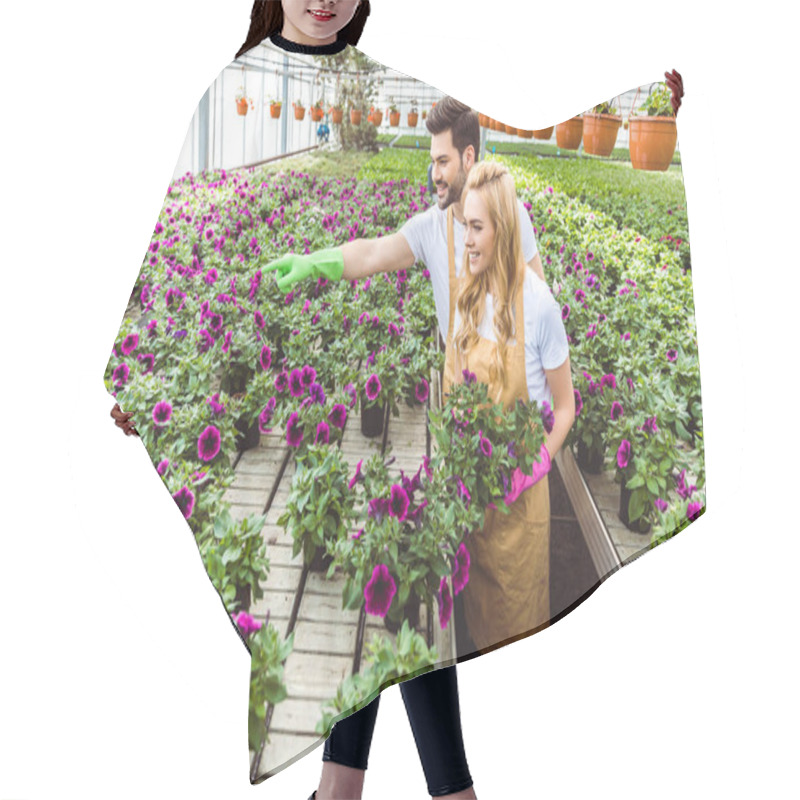 Personality  Couple Of Gardeners Arranging Pots With Flowers In Greenhouse Hair Cutting Cape