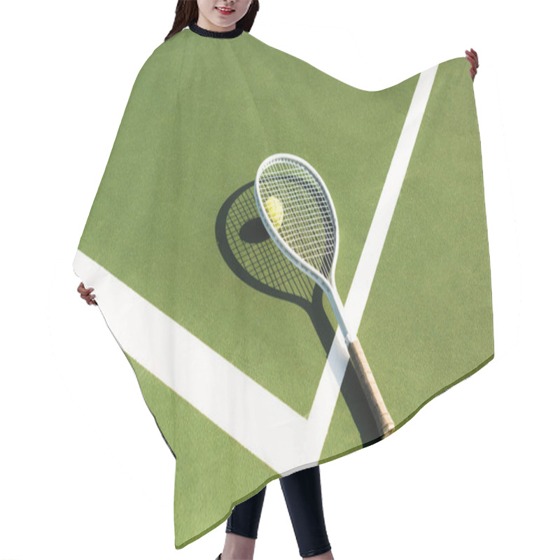 Personality  Close Up View Of Tennis Racket And Ball Lying On Green Tennis Court Hair Cutting Cape