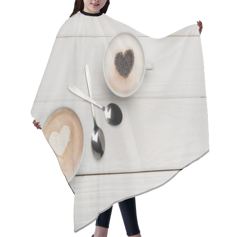 Personality  Top View Of Cups With Cappuccino And Latte Near Spoons On White Wooden Surface  Hair Cutting Cape