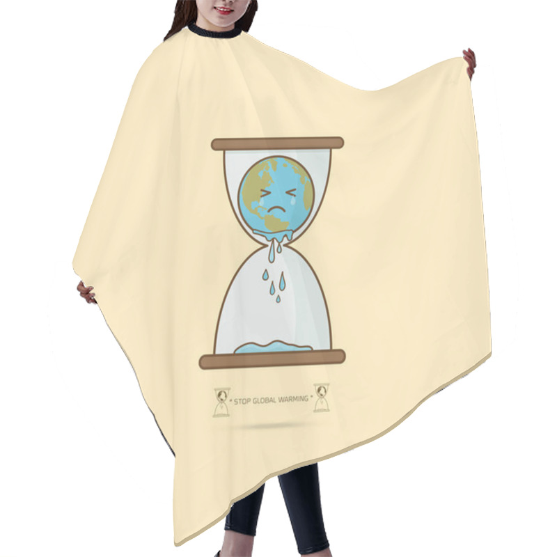 Personality  Stop Global Warming. Cartoon Character Of Planet Earth In Hourglass Limited Time Concept On Blue Background Vector Illustration. Hair Cutting Cape