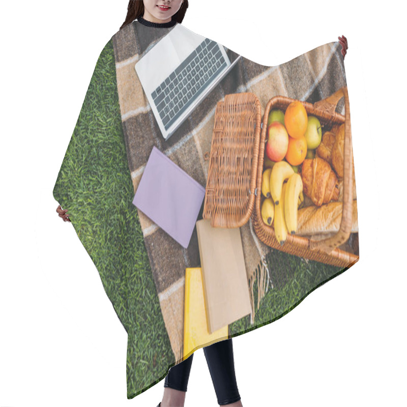 Personality  Top View Of Laptop, Books And Picnic Basket On Plaid In Park  Hair Cutting Cape