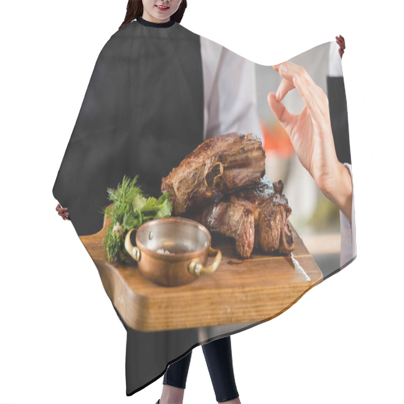 Personality  Cropped View Of Chef Showing Okay Gesture Near Colleague With Roasted Meat On Cutting Board  Hair Cutting Cape