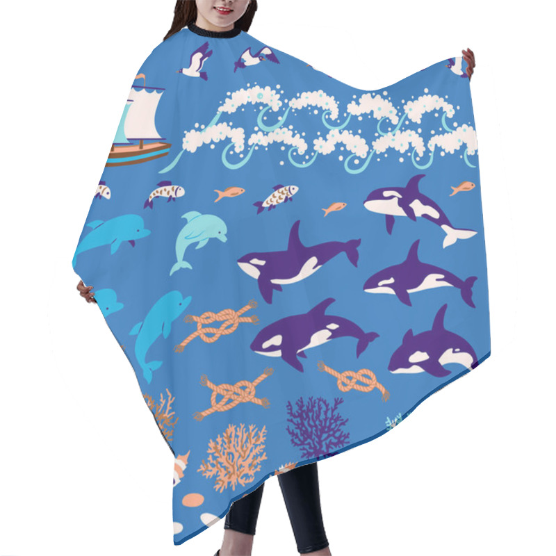 Personality  Nautical Cartoon Set: Dolphins, Whales-killers, Fish, Seagull, C Hair Cutting Cape