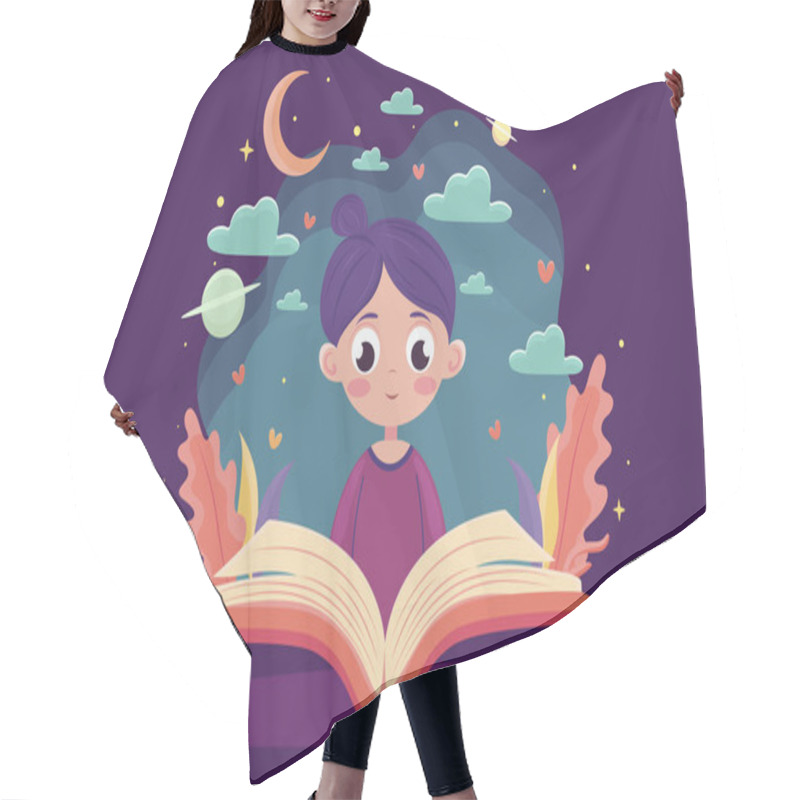 Personality  Children Reading, Girl Reading An Interesting Book, Book Immersion Concept, Interesting Stories, World Book Day, Children's Book Day, Cartoon Illustration, Poster, Banner, Postcard, Background   Hair Cutting Cape