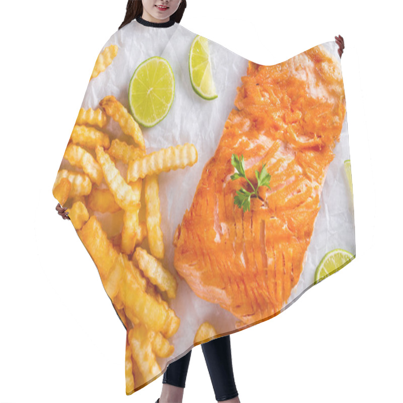 Personality  Red Fish Salmon Steak Fillet With French Curly Fries Hair Cutting Cape